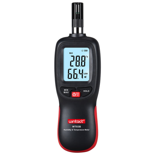 Black and red digital humidity and temperature meter with LCD display and probe.