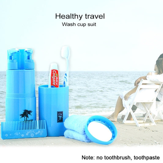 Blue travel wash cup kit with toiletry holders, toothbrush caps, and round cup