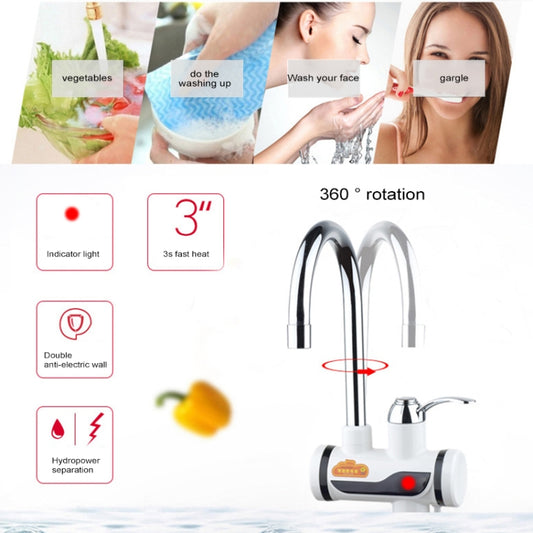 Electric hot water faucet with red indicator light, 360 rotation diagram