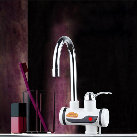Wall-mounted electric faucet with chrome spout, white body, and red indicator light