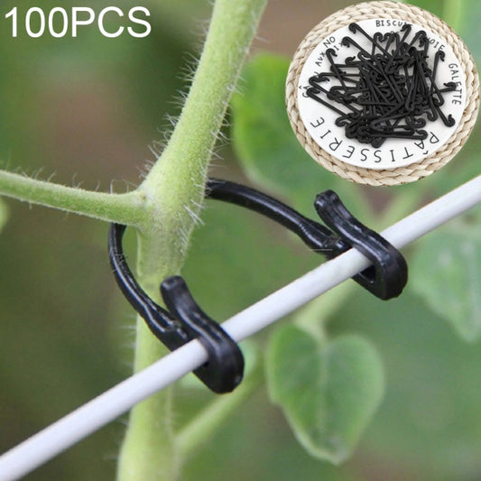 Black plastic gardening vine tie straps with hooked ends on a support rod