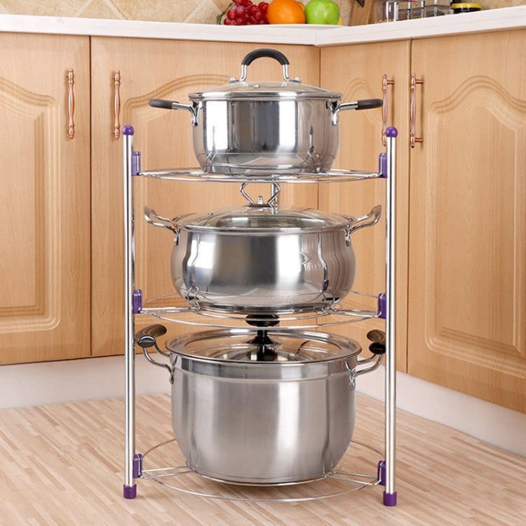 Three-tier stainless steel pot rack holding three pots with matching lids