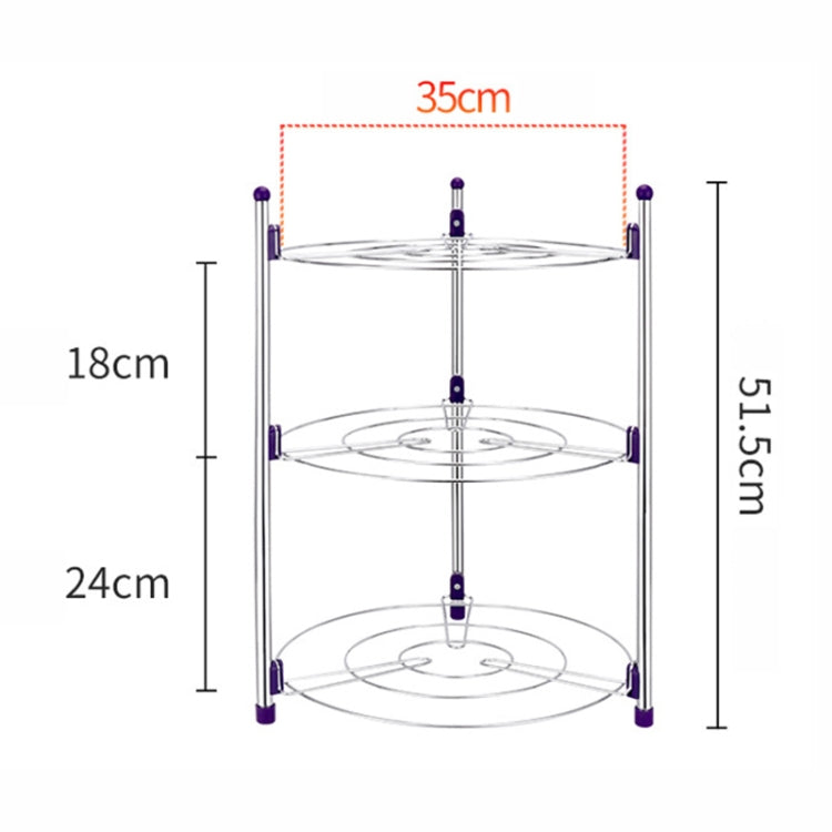 Three-tier metal pot rack with round wire shelves and four vertical supports