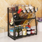 Black three-tier kitchen spice rack holding glass jars, bottles, and condiment tins