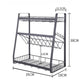 Three-tier metal storage rack with open wire shelves and side support frames
