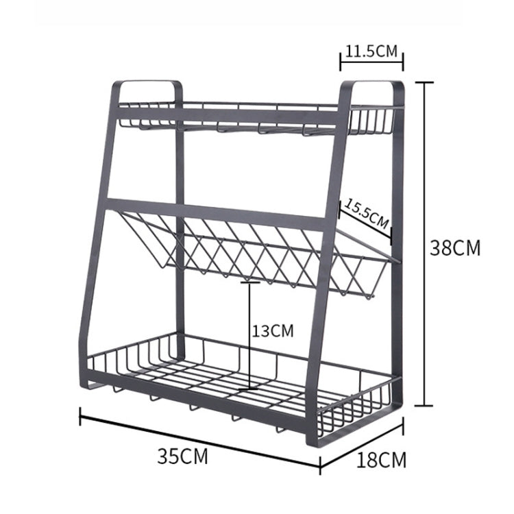 Three-tier metal storage rack with open wire shelves and side support frames