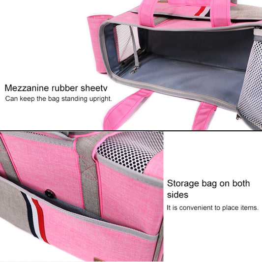 Pink pet carrier bag with grey frame, side storage panel, and mesh window
