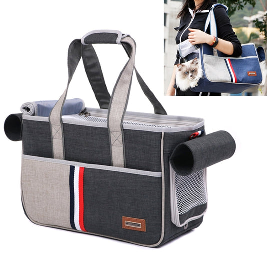 Grey portable pet carrier bag with shoulder straps, open top, and side mesh window