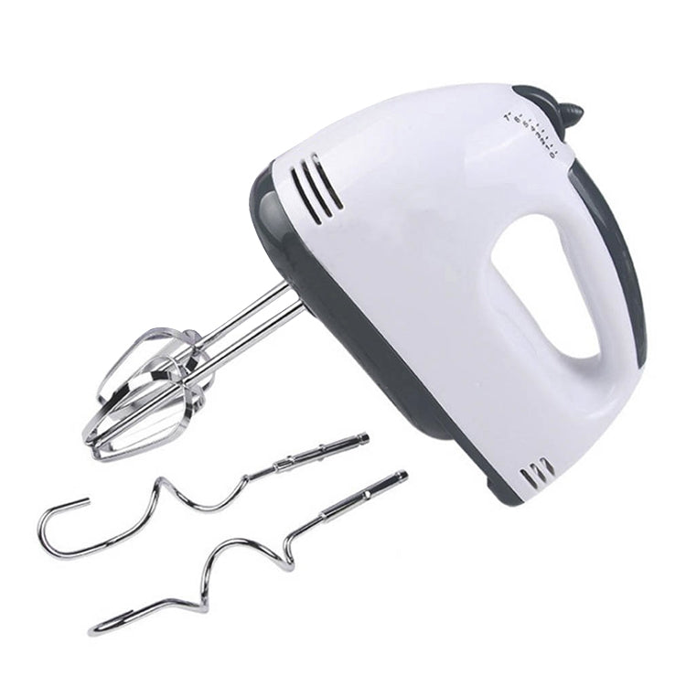 Handheld electric egg beater with stainless mixing beaters; white body with dark handle.
