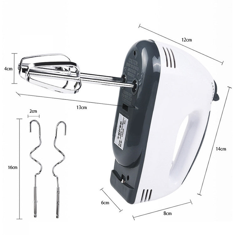 Handheld electric egg beater with two whisk beaters; size diagram with measurements.