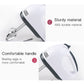 Handheld electric egg beater with comfortable grip and stainless beaters, white and dark gray.