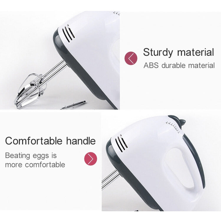Handheld electric egg beater with comfortable grip and stainless beaters, white and dark gray.