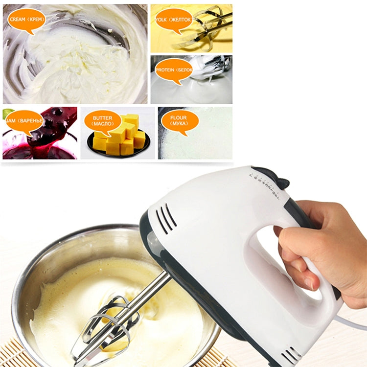 Handheld electric egg beater mixing yellow batter; white and dark gray body with beaters.