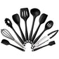 Black silicone kitchen utensil set with 10 tools and metal whisk