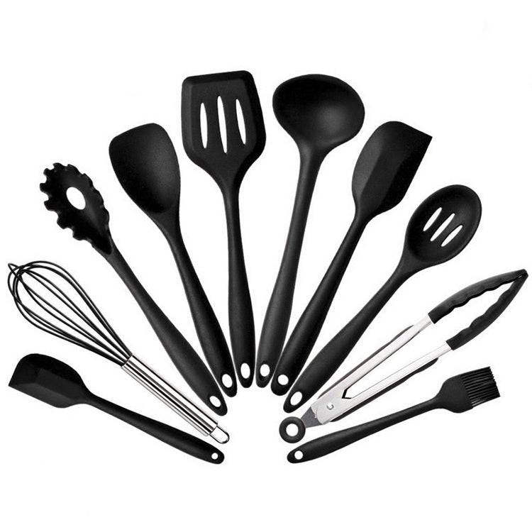 Black silicone kitchen utensil set with 10 tools and metal whisk