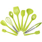 Green silicone kitchen utensil set with 10 tools and metal whisk