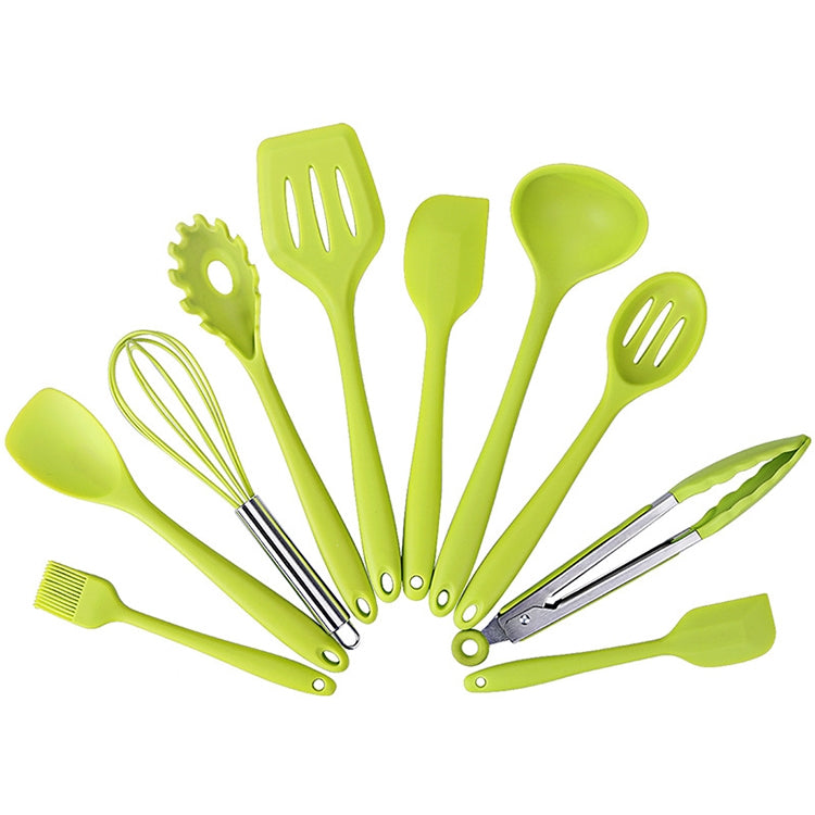 Green silicone kitchen utensil set with 10 tools and metal whisk