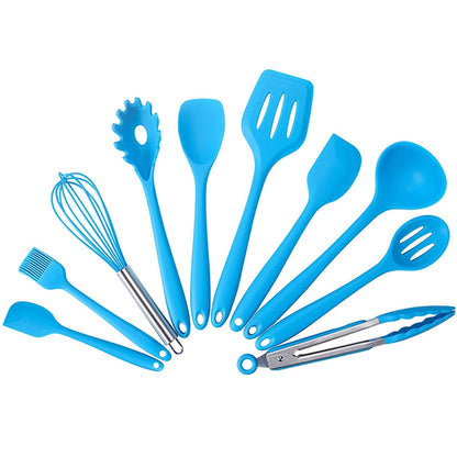 Blue silicone kitchen utensil set with 10 tools and metal whisk