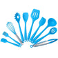 Blue silicone kitchen tool set, 10 utensils with metal whisk and scraper