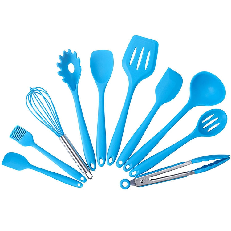 Blue silicone kitchen tool set, 10 utensils with metal whisk and scraper