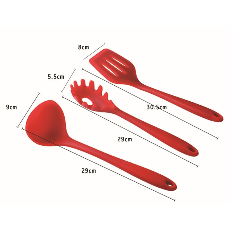 Red silicone kitchen utensils, measured sizes shown for spatula and tools