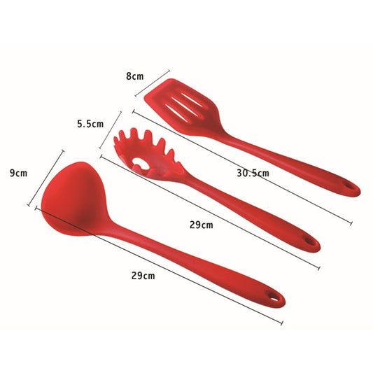 Red silicone kitchen utensils, measured sizes shown for spatula and tools