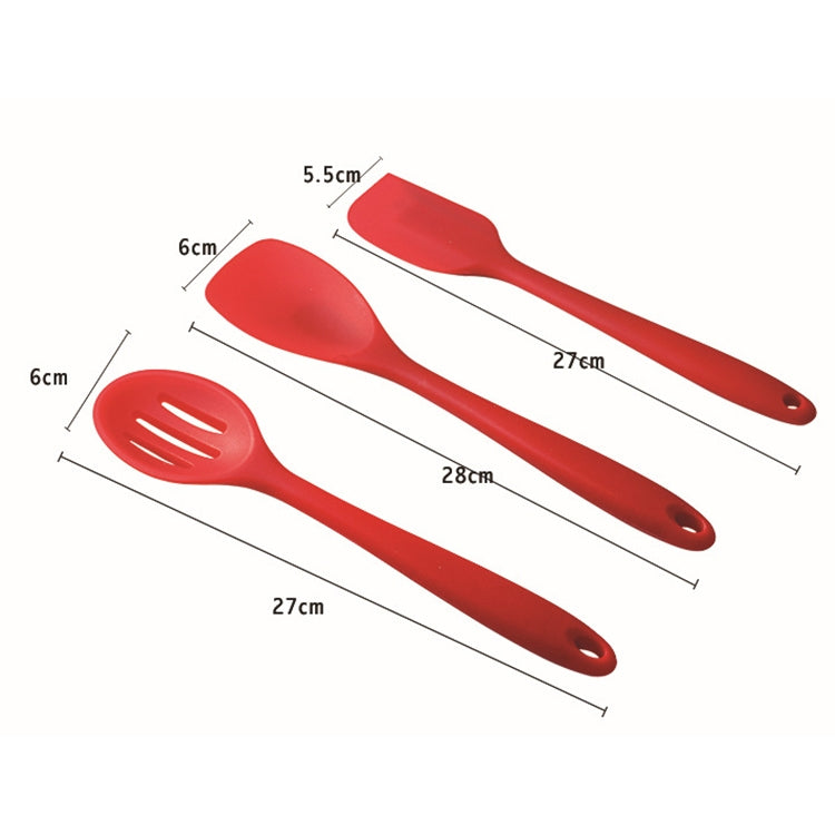 Red silicone kitchen utensil set with three spatula tools and size labels