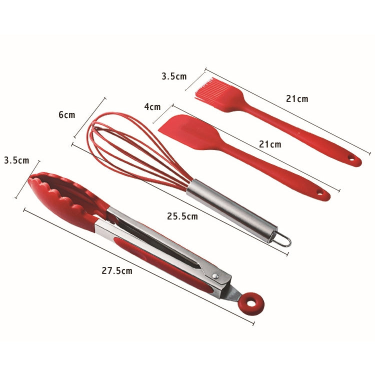 Red silicone kitchen utensil set with whisk, spatulas, and size measurements