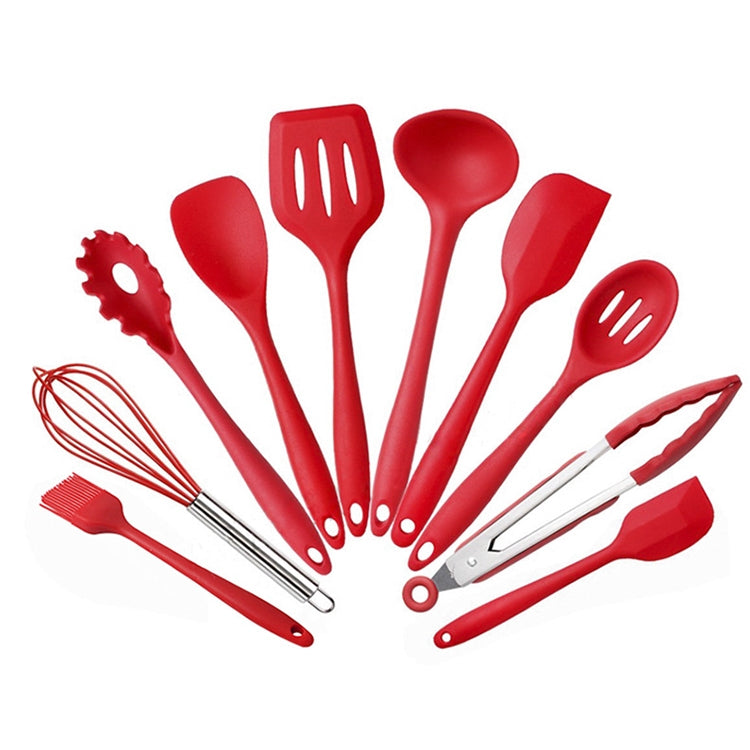 Red silicone kitchen utensil set with 10 tools and metal whisk