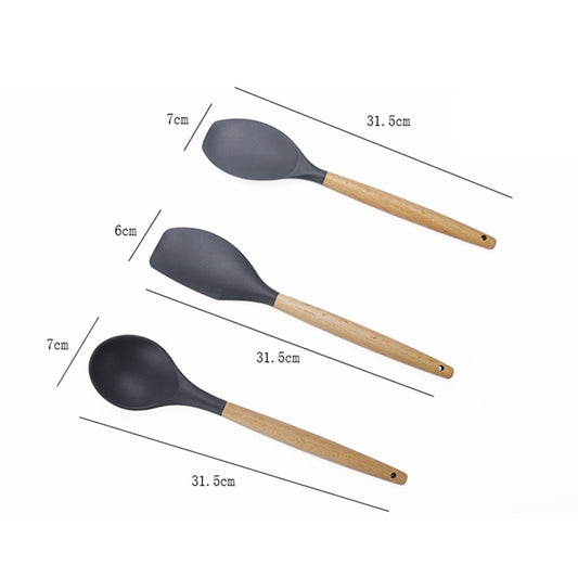 Black silicone spoons with wooden handles, shown with size dimensions