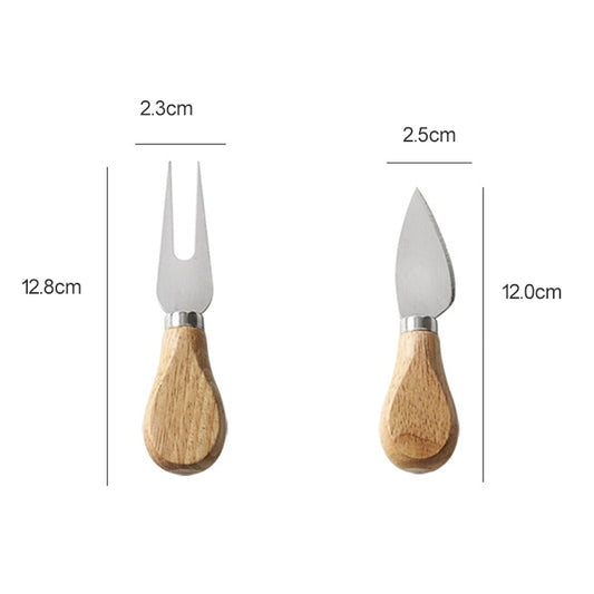 Stainless steel cheese fork and pointed knife with wood handle, 2-piece view