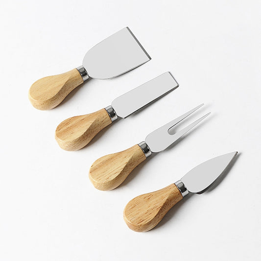 Wood-handled stainless steel cheese knife set, 4-piece style with curved and flat blades