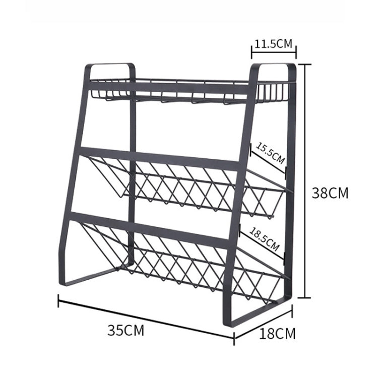 Black metal three-tier spice rack with carrying handle and size diagram