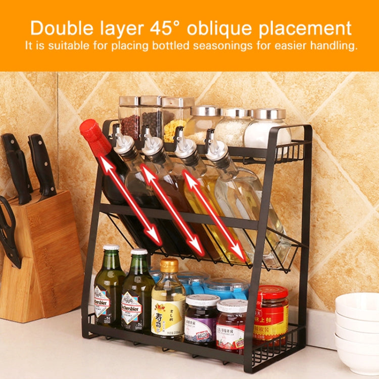 Three-tier spice rack with angled bottle slots for condiments