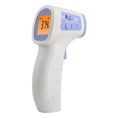 White non-contact infrared thermometer with blue display, handheld device