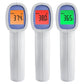 White non-contact infrared thermometer with blue screen showing temperatures
