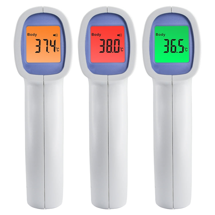 White non-contact infrared thermometer with blue screen showing temperatures
