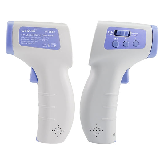White non-contact infrared thermometer showing front and control panel details