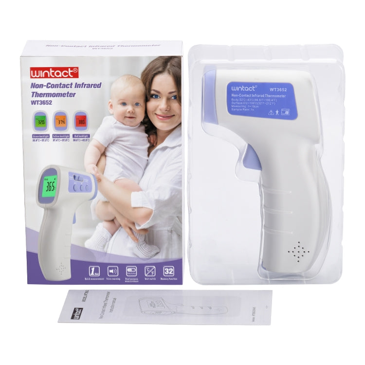 Non-contact infrared thermometer kit with white handheld device in package
