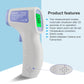 White non-contact infrared thermometer with blue buttons and illuminated display