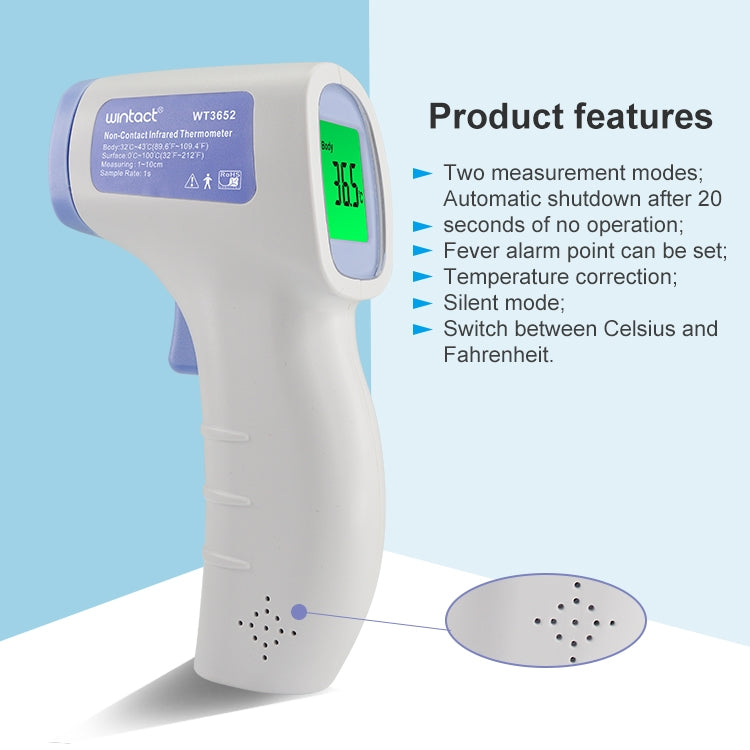 White non-contact infrared thermometer with blue buttons and illuminated display