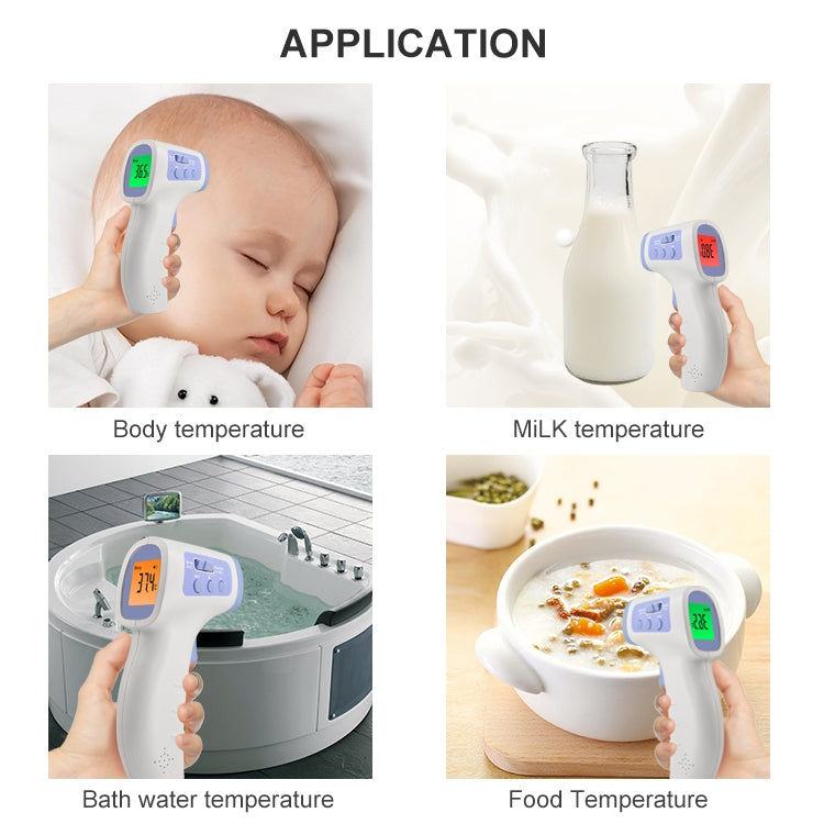 White non-contact infrared thermometer held to skin, temperature readout on screen