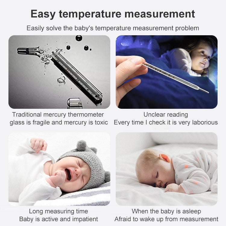 White non-contact infrared thermometer held near baby, temperature display visible