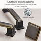 Black drawer pull handle with gold inlay trim and rectangular end bases