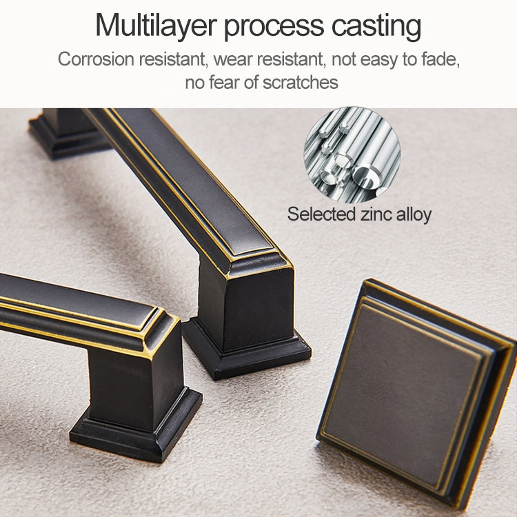 Black drawer pull handle with gold inlay trim and rectangular end bases