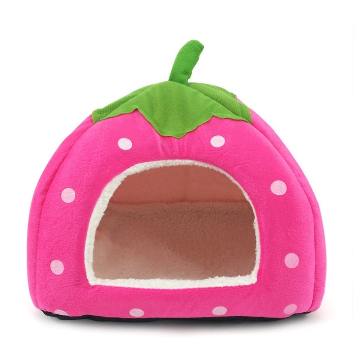 Pink strawberry pet house tent with green leaf topper, white polka dots, and front cutout
