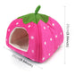 Pink strawberry-shaped pet tent with green leaf top, white polka dots; front opening shown