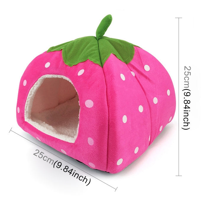 Pink strawberry-shaped pet tent with green leaf top, white polka dots; front opening shown