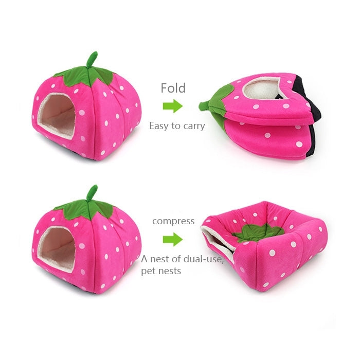 Pink strawberry pet tent shown folded and compressed for easy carrying