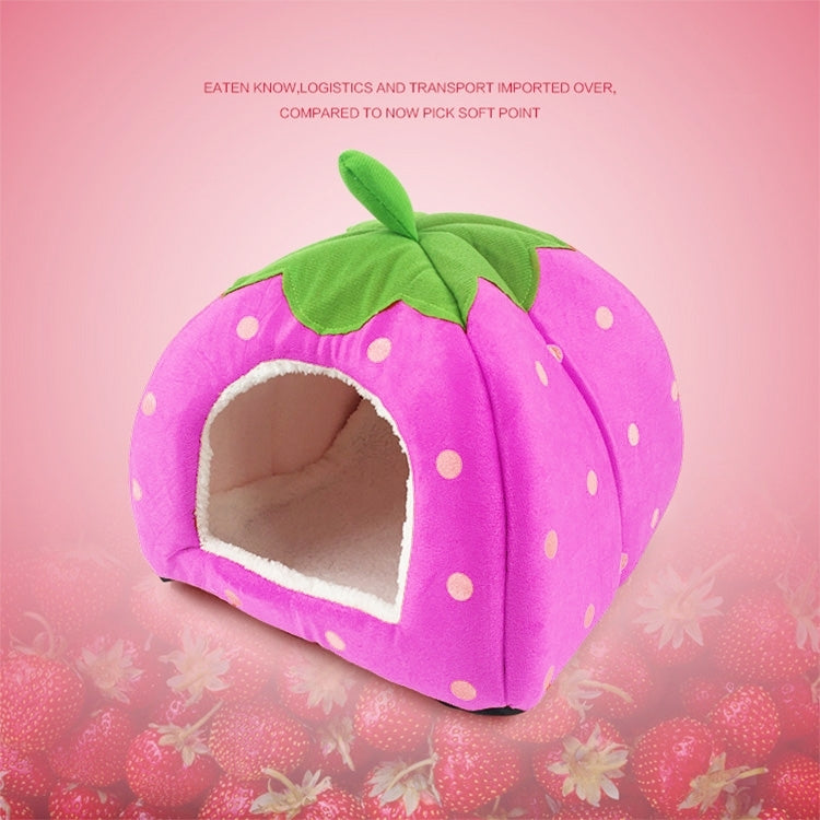 Pink strawberry pet tent with green leaf top and front opening, white polka dots